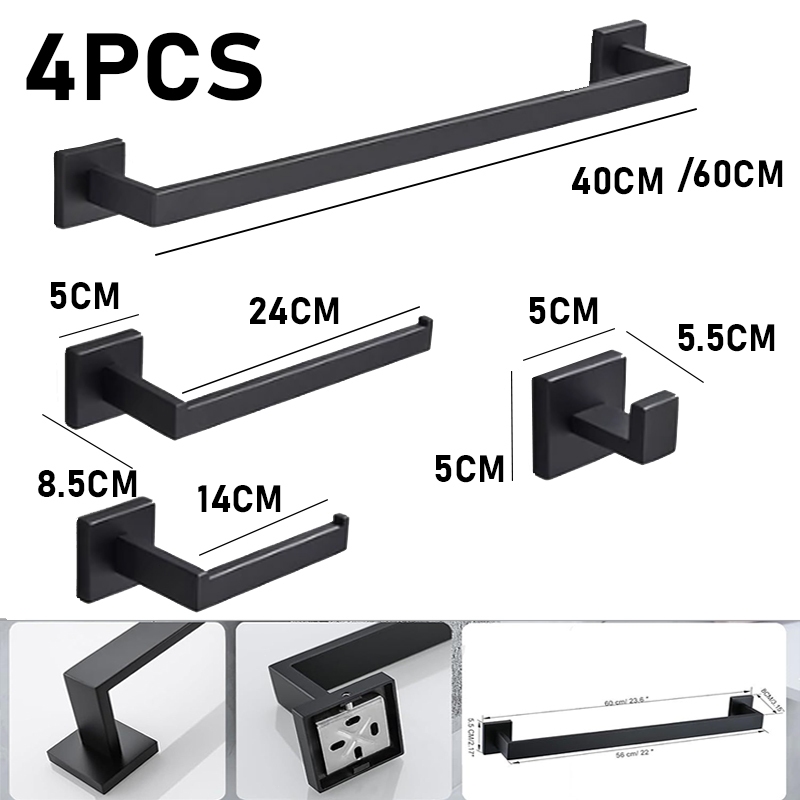 Kit Toalheiro Banheiro 4 Peças Acessórios Suporte Preto Resistente