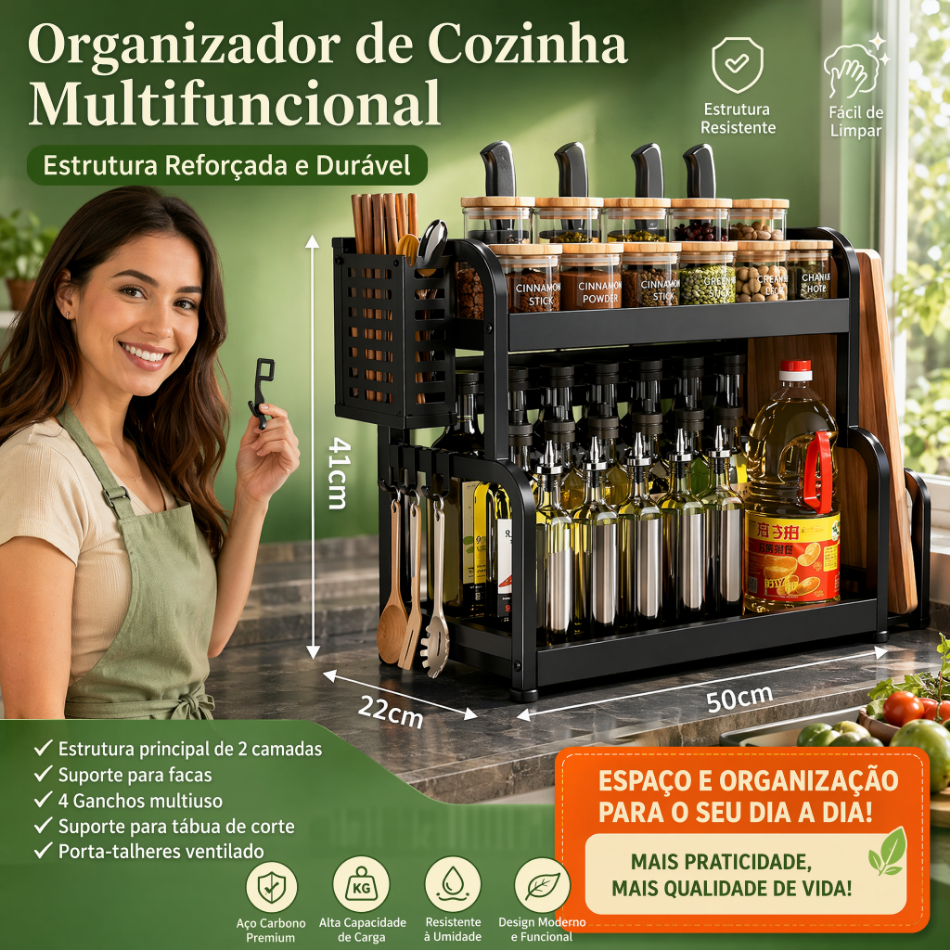 Suporte Organizador de Bancada Dupla Camada Grande Capacidade, Kit Completo para Temperos e Utensílios de Cozinha