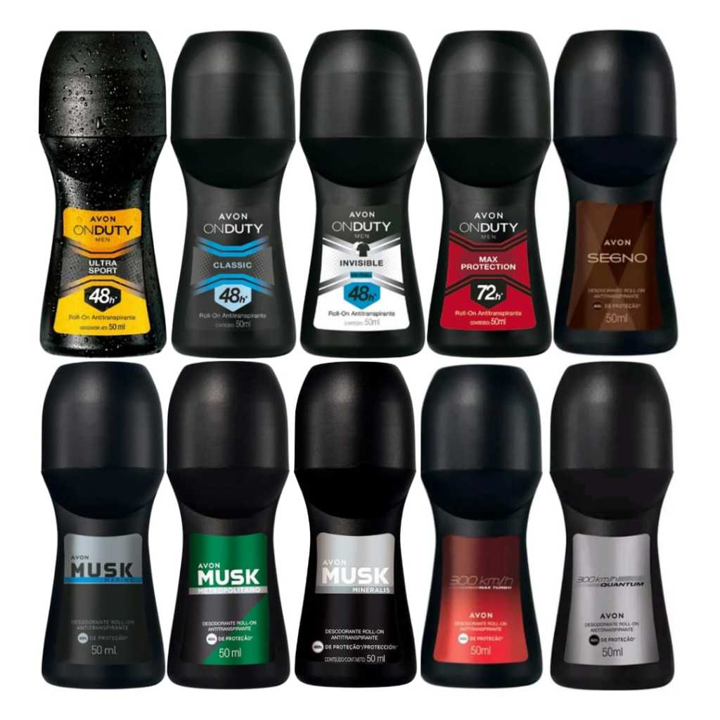 Kit 10 Roll-on: Musk 300 km  Segno Invisible 72h Ultra Sport Classic- Desodorante Masculino Avon