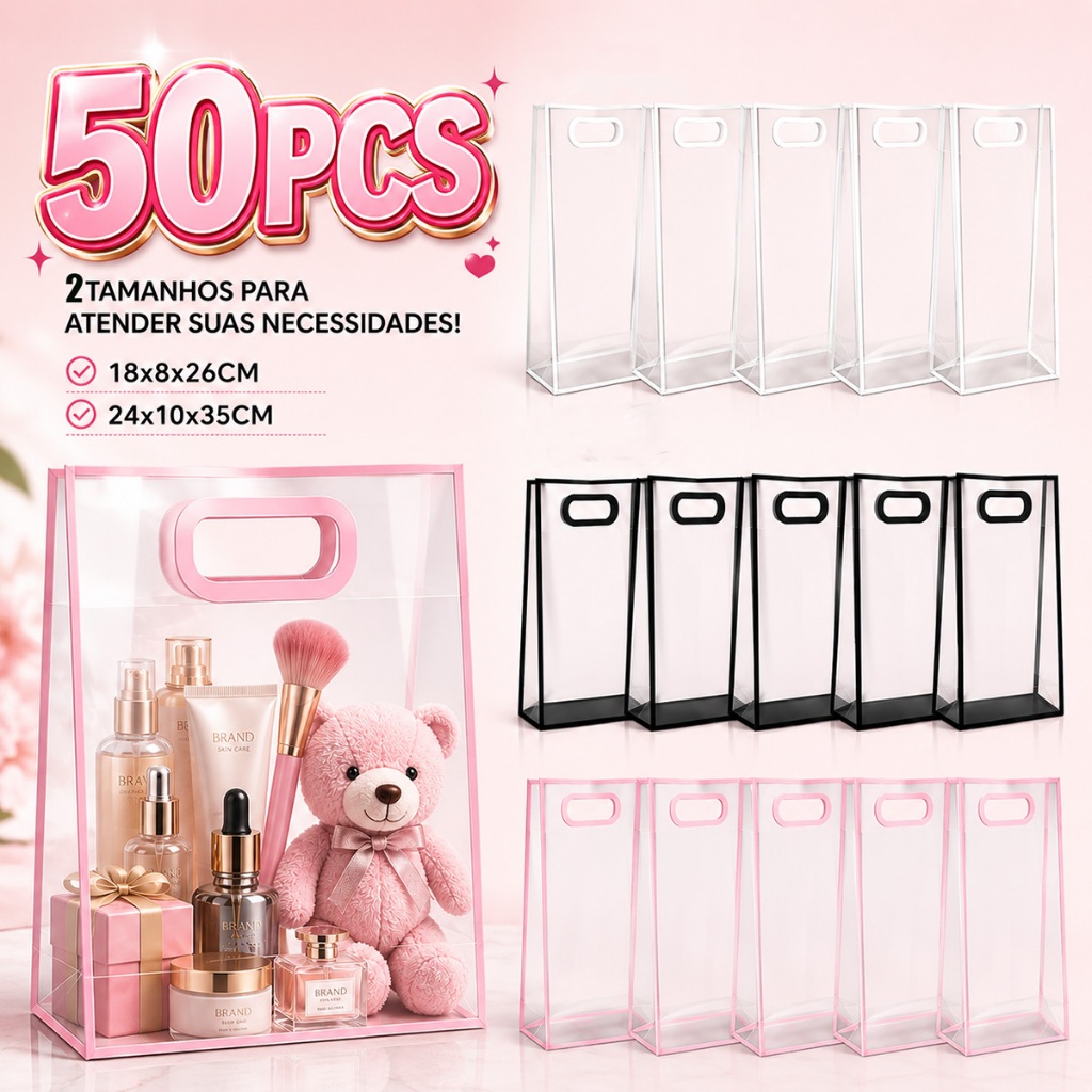30/40/50 Sacolas De Presente PP Fosco Com Borda Transparente, Alças Reforçadas Reutilizáveis Para Festas E Casamentos