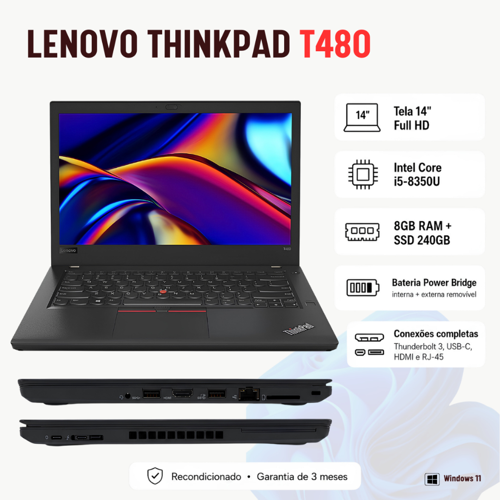 Notebook Lenovo ThinkPad T480 Tela 14" Full HD Intel Core i5 8GB SSD 256GB Preto com Garantia - Notebook de Exposição