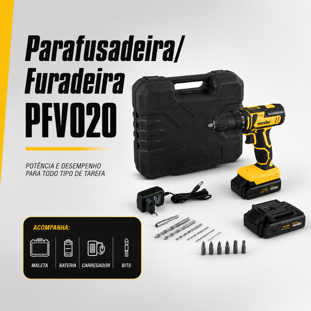Parafusadeira e Furadeira a Bateria 20V PFV020 com 2 Baterias e Maleta Vonder