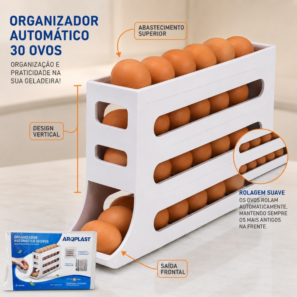 Porta Ovos Rolante 4 Andares para Geladeira Organizador Dispenser até 30 Ovos Branco Compacto