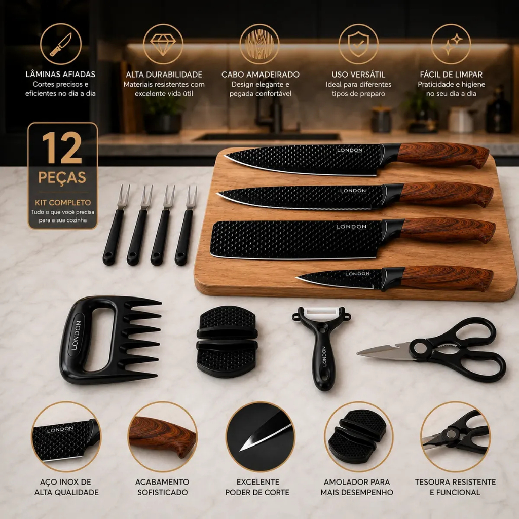 Kit Facas London Wood 12 Peças Cabo Madeira Faqueiro Cozinha Churrasco