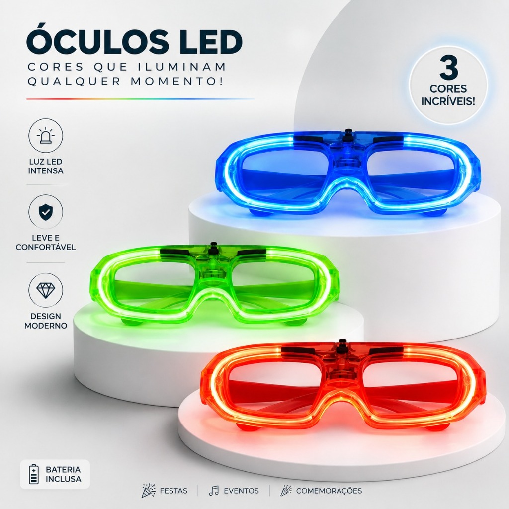 Kit Óculos de Led Neon Verde Pisca Colorido Luzes 3 Modos Fluorescente Festa Balada Rave Carnaval