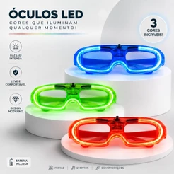 Kit Óculos de Led Neon Verde Pisca Colorido Luzes 3 Modos Fluorescente Festa Balada Rave Carnaval