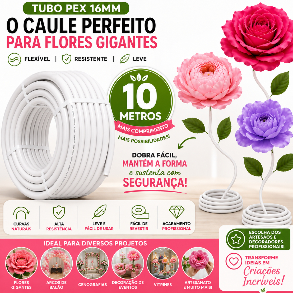 Tubo Pex Para Caule de Flor Gigante Moldável 10 metros 16mm Artesanato Flexível Multicamada Branco Caule Flor Decoração