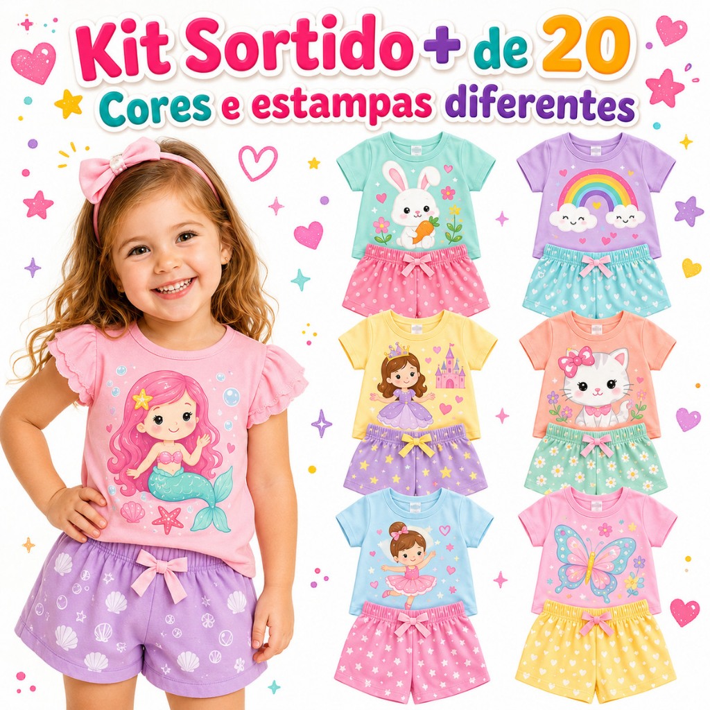 Kit 2 ou 6 peças Roupa Infantil Menina Verão Conjunto Infantil Menina Blusa Manga Curta mais Shorts Conjunto Bebê