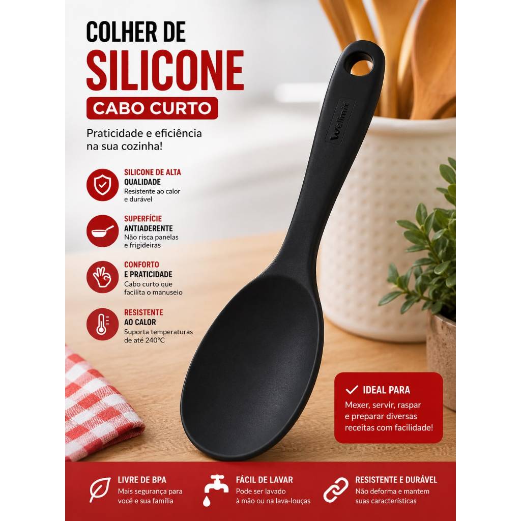 Colher de Silicone Cabo Curto Resistente ao Calor Utensílio de Cozinha Antiaderente Livre de BPA