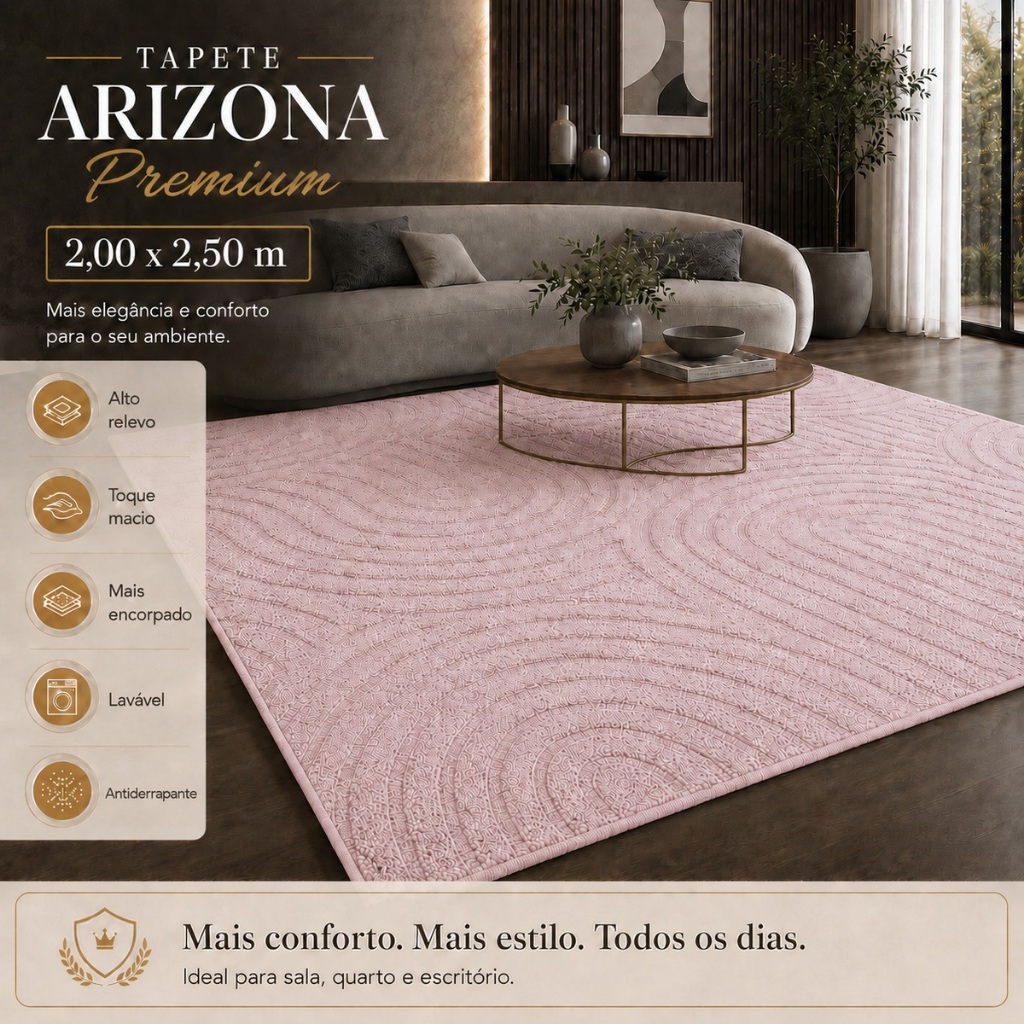 Tapete Sala 2,50x2,00 Circular Alto Relevo Premium Macio Antiderrapante Quarto Escritório Rosa Claro