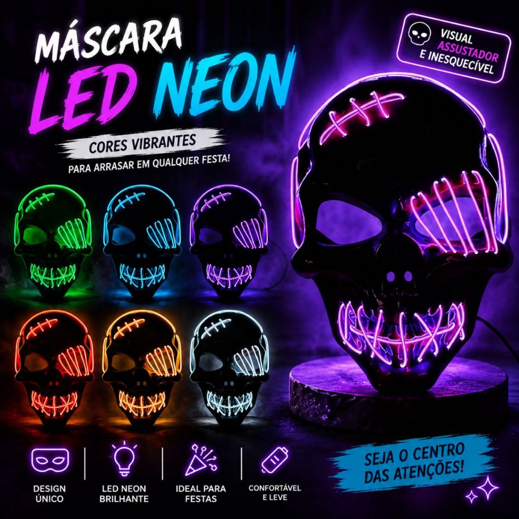 Mascara Halloween Led Neon Assustadora Colorida Dia Das Bruxas Artigo De Festa Decoração Festa