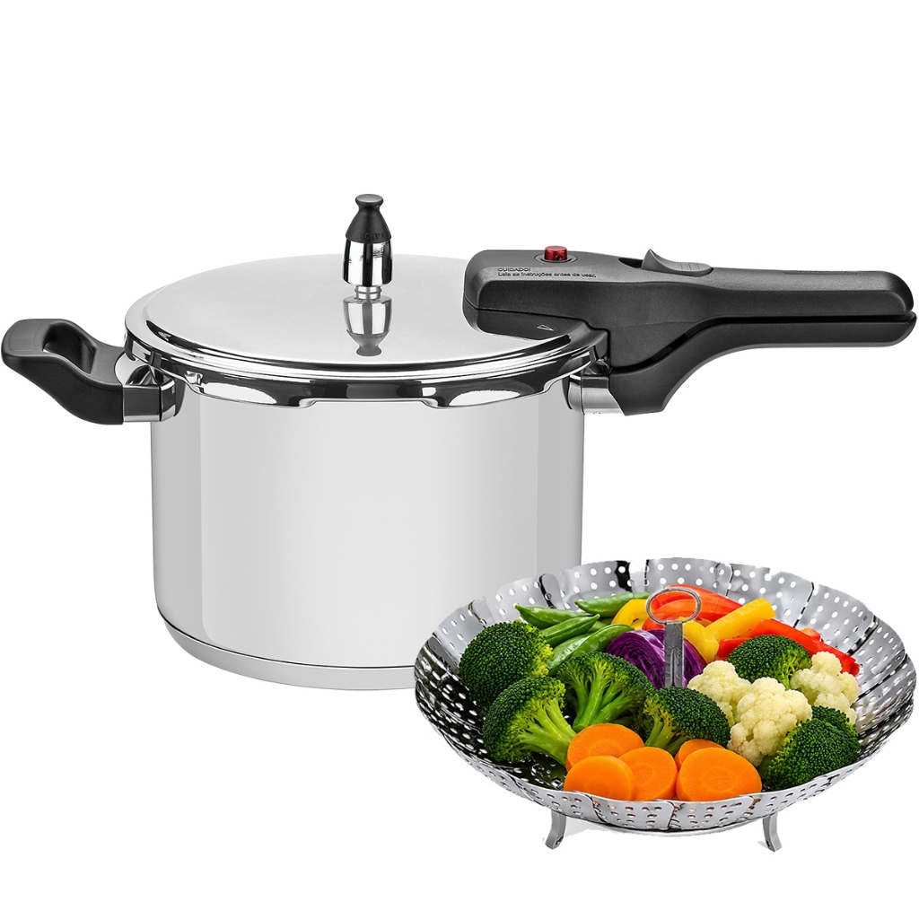 Panela de Pressão 6L Tramontina Brava em Aço Inox Fundo Triplo e Indução Com Cesto Cozi Vapore