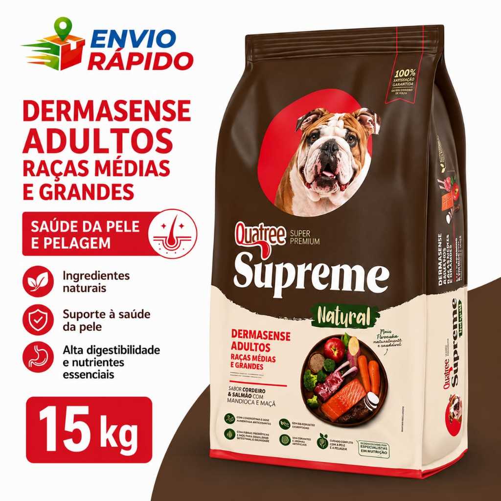 Ração Quatree Dermasense Quatree Dermato 15kg Cães Adultos Raças Médias e Grandes Envio Rápido