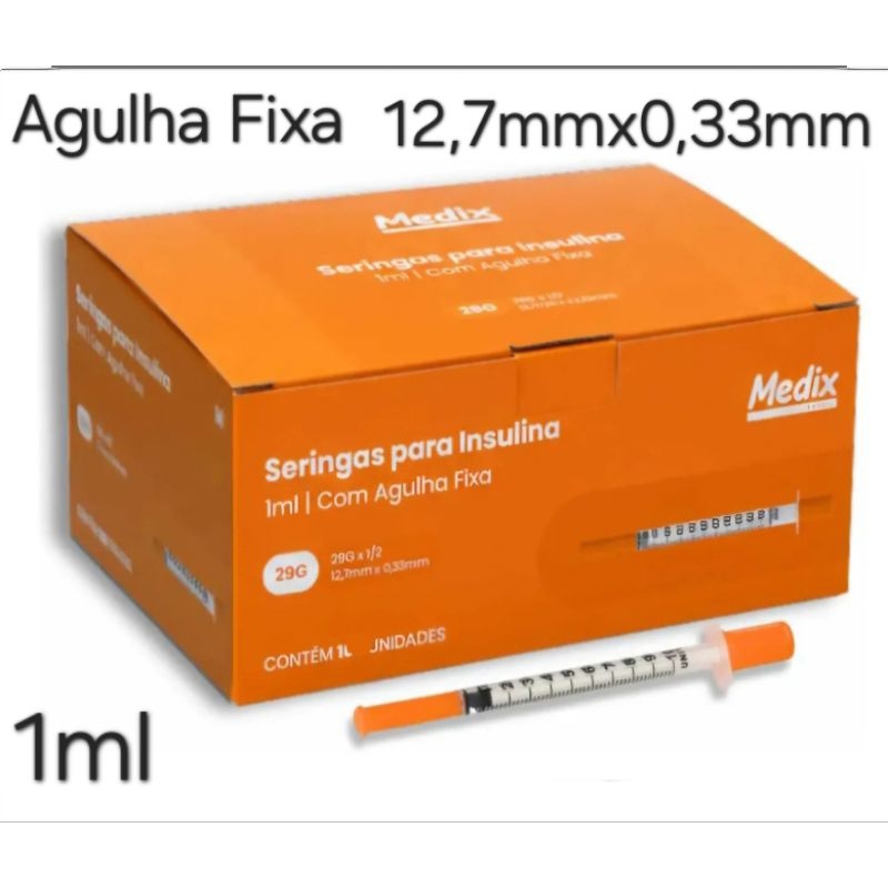 Seringa de insulina 1ml Agulha 12,7x0,33mm Medix Brasil kit 10, 20 e 30 unidades.