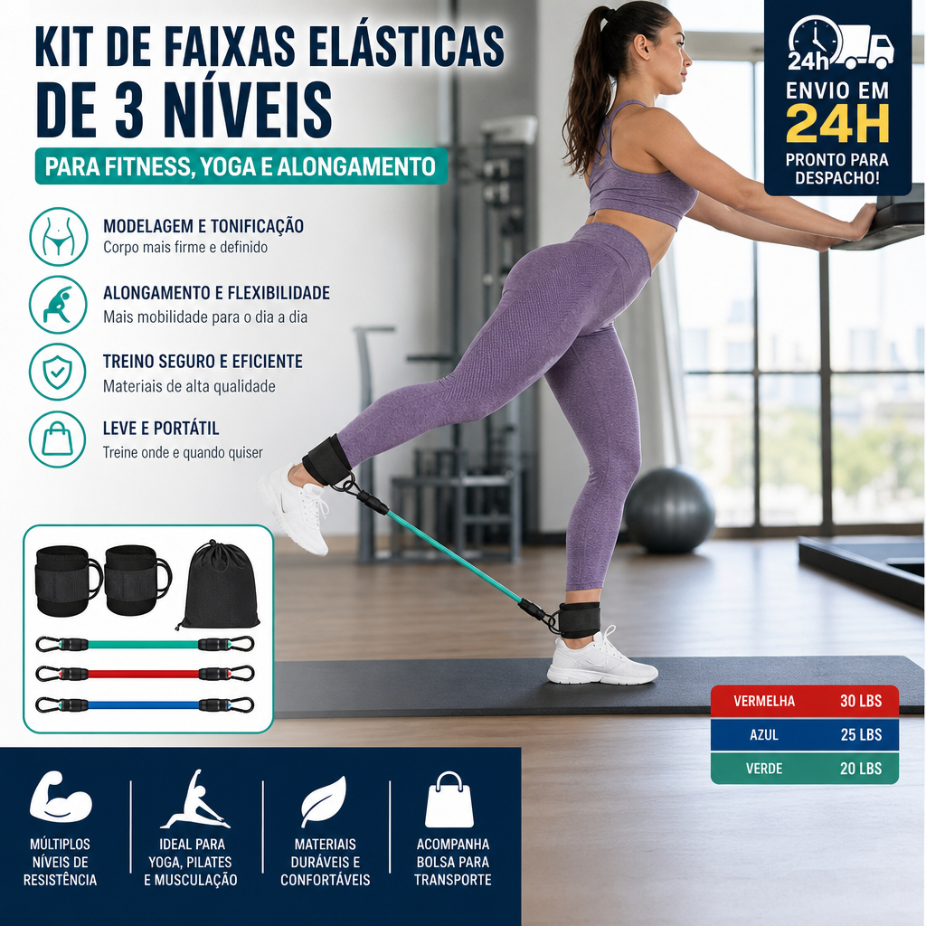 Kit de Faixas Elásticas 3 Níveis de Resistência - Treino Glúteos Pernas Fitness Yoga Pilates Alongamento