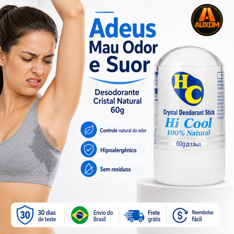 Desodorante Cristal Natural AUXOM 60g Sem Perfume para Axilas Pés Mãos e Pele Sensível