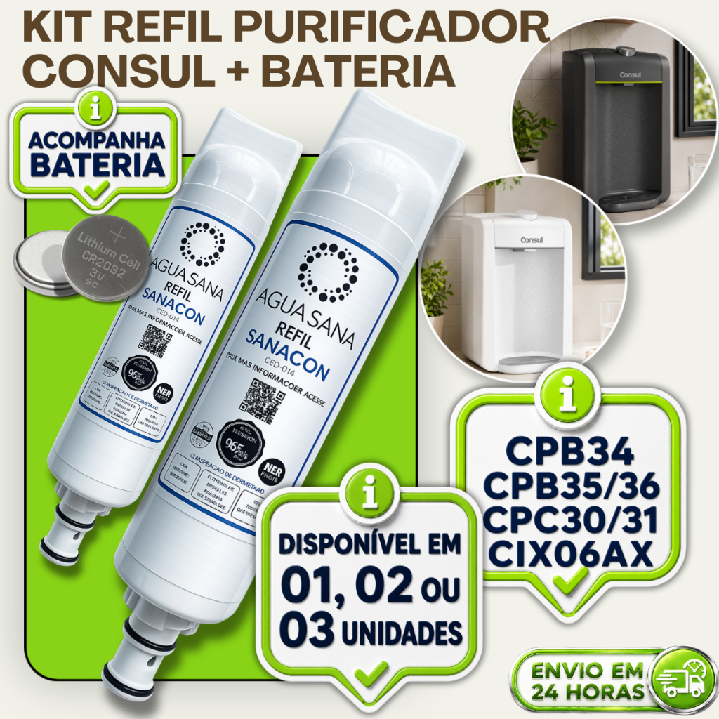 KIT REFIL + BATERIA PURIFICADOR CONSUL FILTRO CPB33 CPB34 CPB35 CPB36 CPC30 CPC31 CIX06AX COMPATÍVEL
