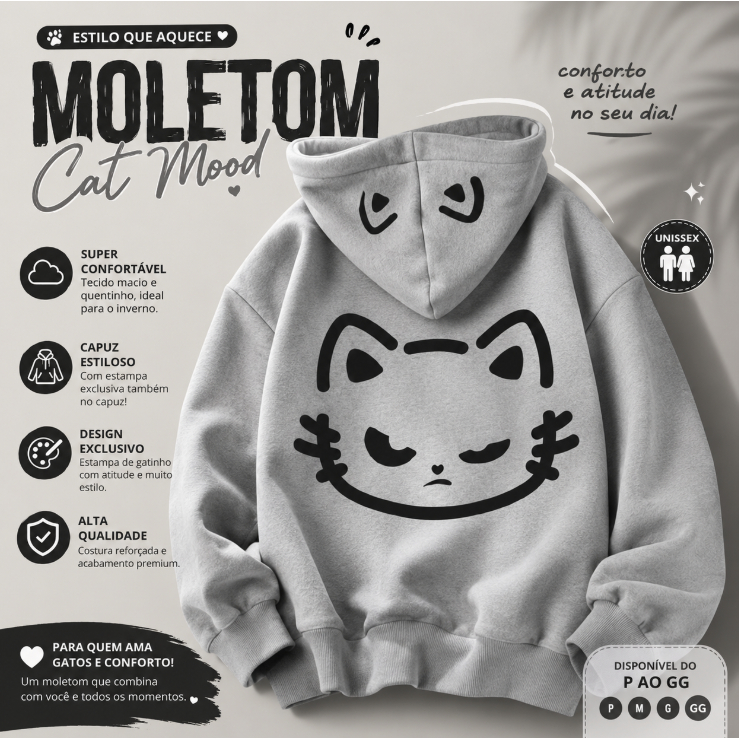 Moletom Oversized Cat Mood | Unissex | Flanelado | Quentinho e Confortável