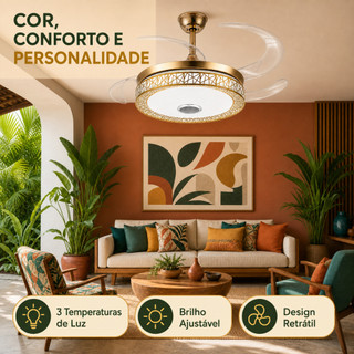 Ventilador de Teto Retrátil com LED 108CM Dourado Som Integrado Música Controle Remoto Bivolt