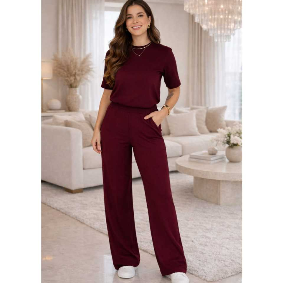 Conjunto Feminino Calça Pantalona + Blusa Oversized No M G GG Anarruga Premium