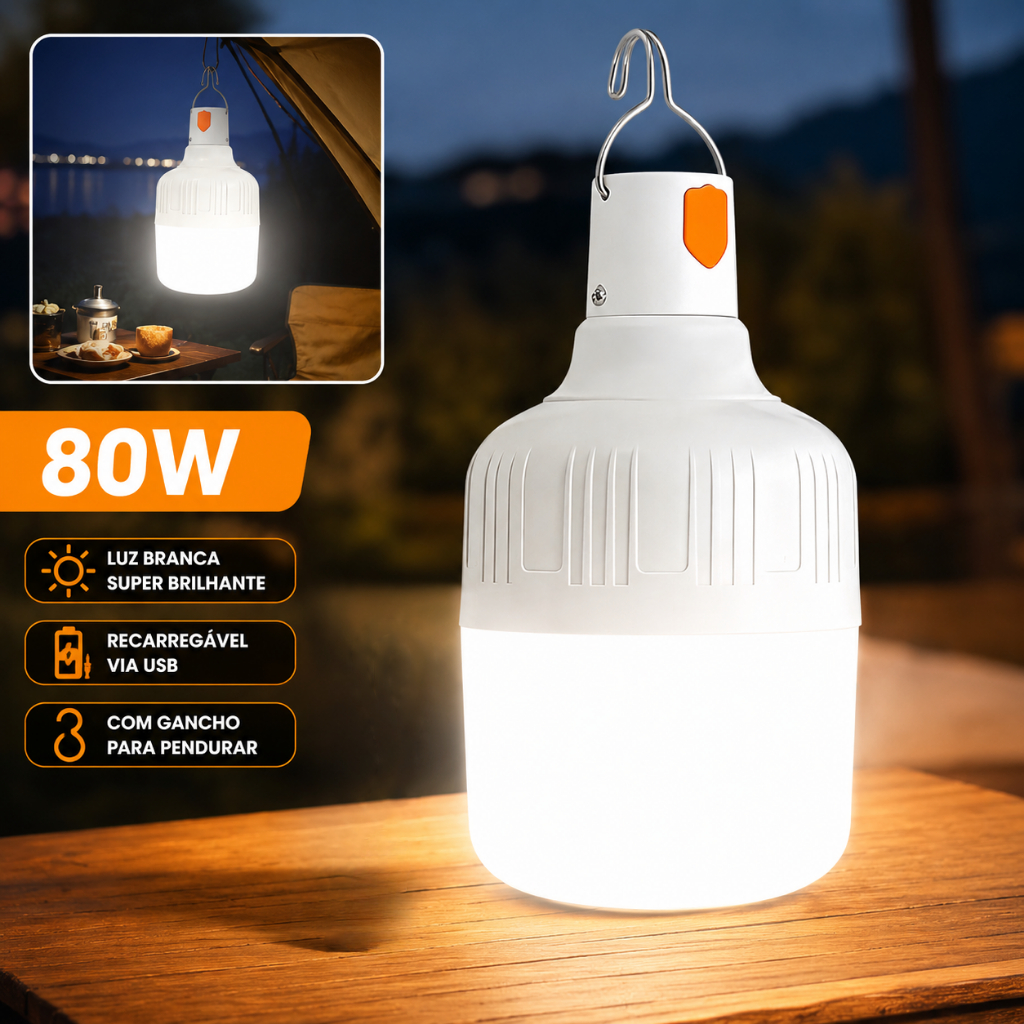 Lampião LED De Camping Recarregável USB | Lanterna Portátil À Prova D'água Com Gancho E 3 Modos De Luz Para Trilha E Eme