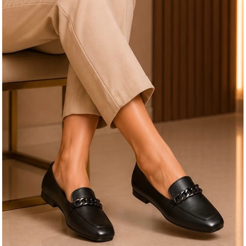 Sapatilha Feminina Confortável Luxo Elegante Sapato Feminino Mocassim Corrente Bico Quadrado preto