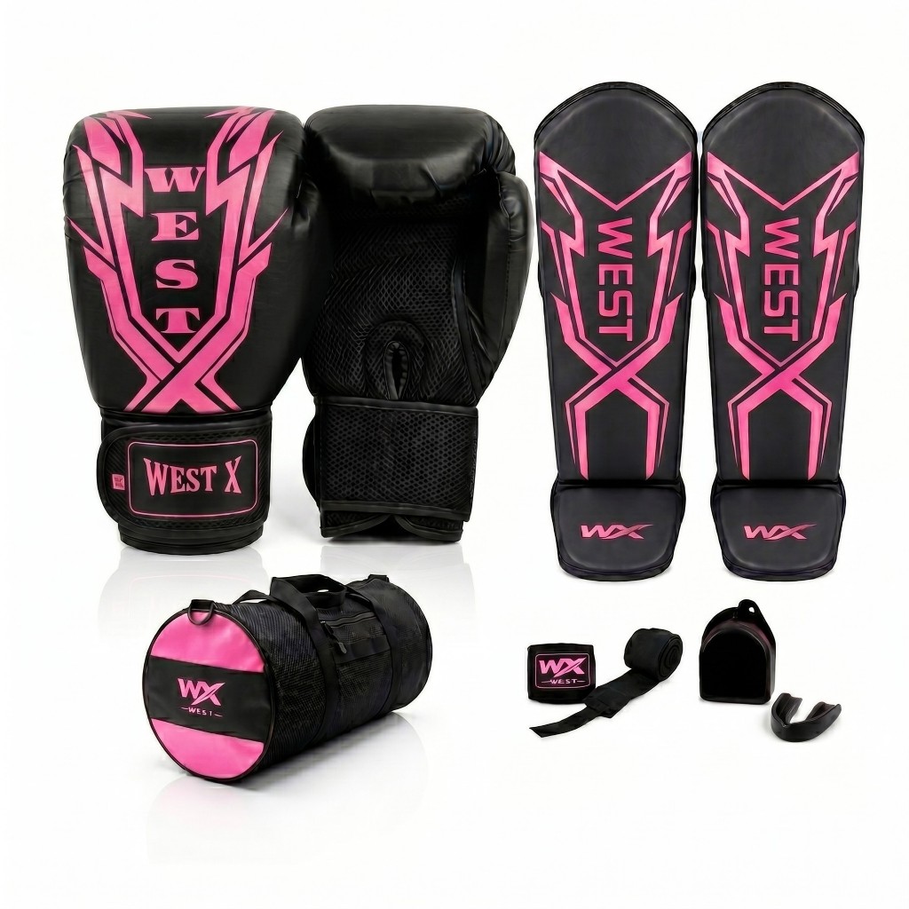 Kit Luva Boxe Muay Thai Kickboxing + Caneleira + Bolsa + Bandagem 3 Metros + Case com Bucal Moldável.