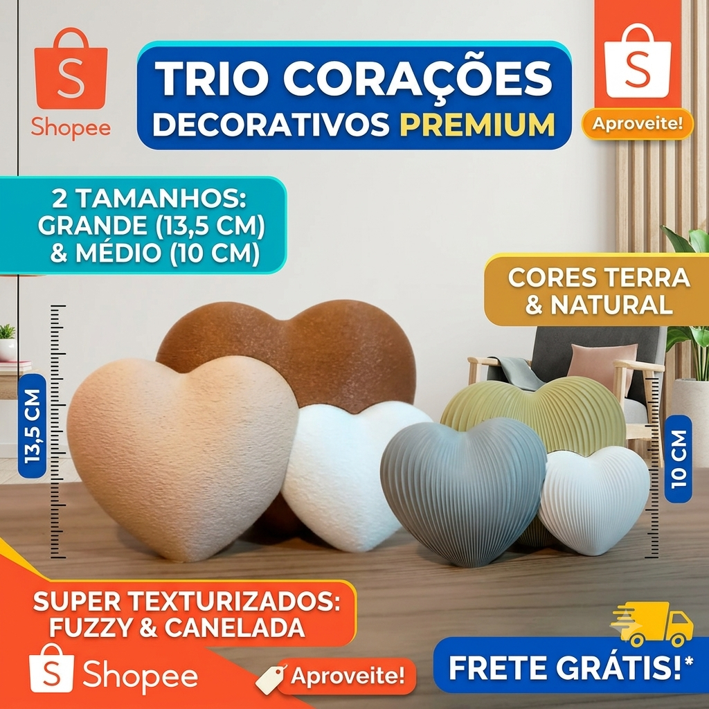 Trio de Corações Decorativos Minimalista Kit Enfeite de Mesa Sala Quarto Decoração Moderna Boho Impressão 3D