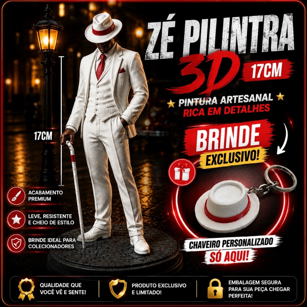 Zé Pilintra 3D 17cm + BRINDE: Chaveiro Exclusivo | Pintura Artesanal