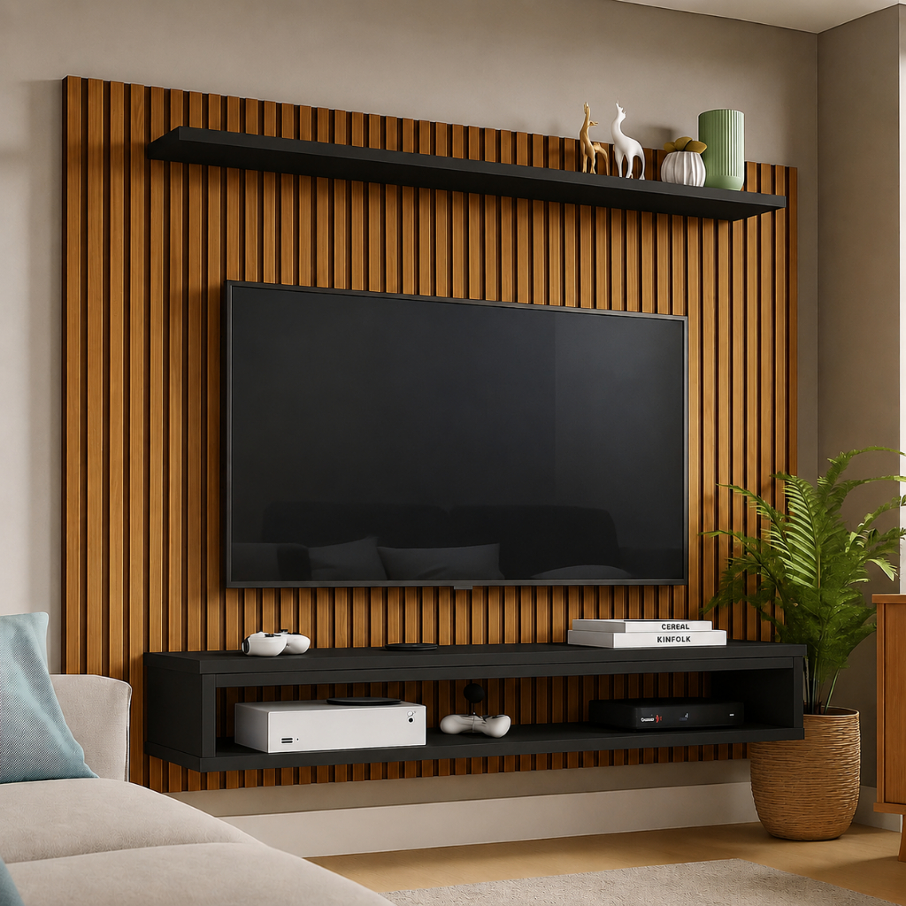 QUEIMA DE ESTOQUE! Painel 3D Ripado para TVs de 43 até 60 Polegadas com Nicho e Prateleira com Suporte Integrado