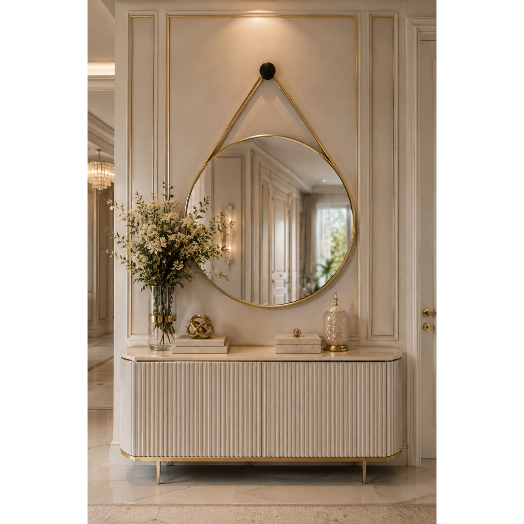 Espelho Redondo Adnet 80cm Com Alça e Suporte Decorativo Para Parede Sala Hall Banheiro