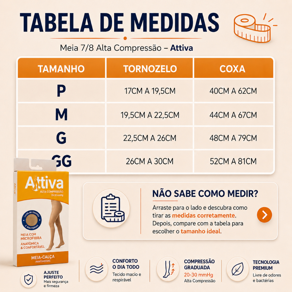 Detalhes do Meia Calça Alta Compressão 20-30mmHg Cor Natural Attiva Ponteira Fechada
