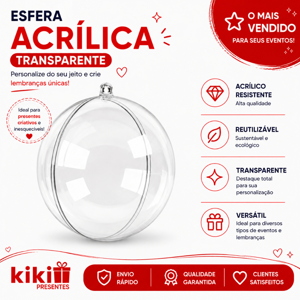 Kit Com 10 à 50 Bolinhas De Natal, Bola, Esfera Acrílica Transparente, Para Personalizar - 6,5cm