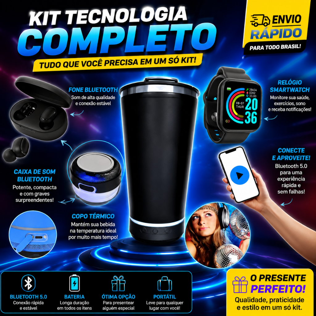 Copo Térmico com Caixa de Som + Fone de Ouvido Bluetooth + Smartwatch D20 Relogio Inteligente