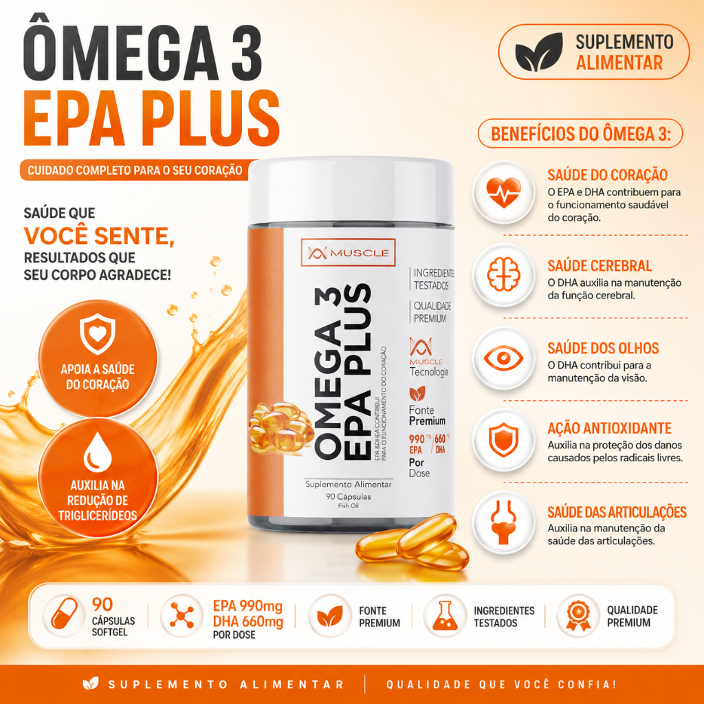 Ômega 3 EPA Plus 990mg + DHA 660mg – Óleo de Peixe – Suplemento Premium MUSCLE