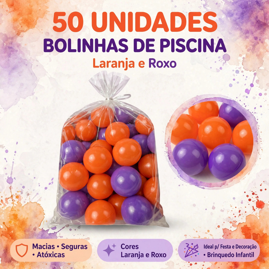 50 Unidades de Bolinhas de Piscina Laranja e Roxo Brinquedo Infantil, Decoração
