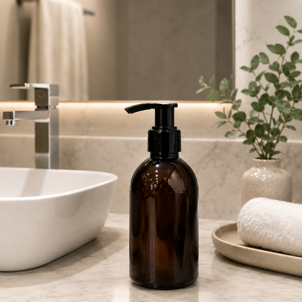 Frasco Euro Âmbar 250ml com Válvula Bico de Pato- Saboneteira Shampoo Condicionador