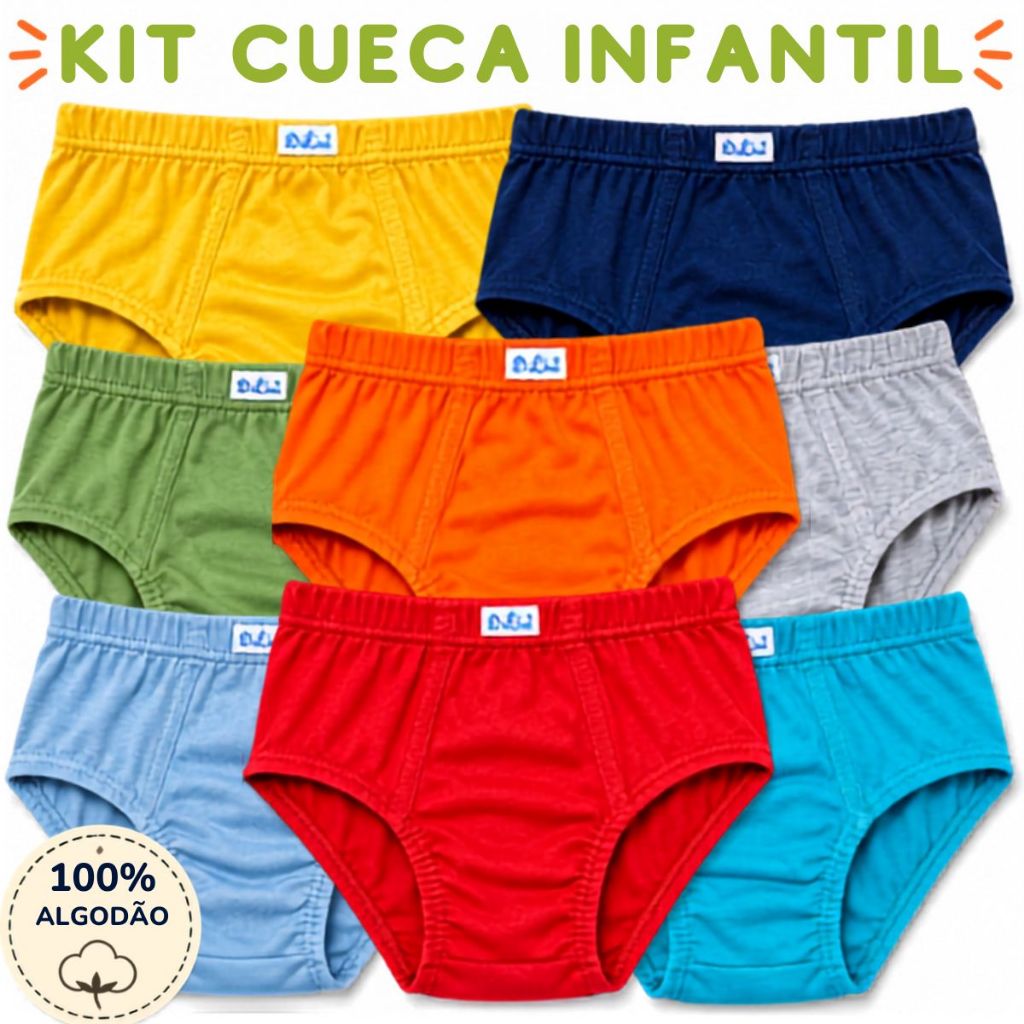 Kit Cueca Slip100% Algodão Tradicional Infantil Menino Criança Com Forro Confortável Masculina  5-10