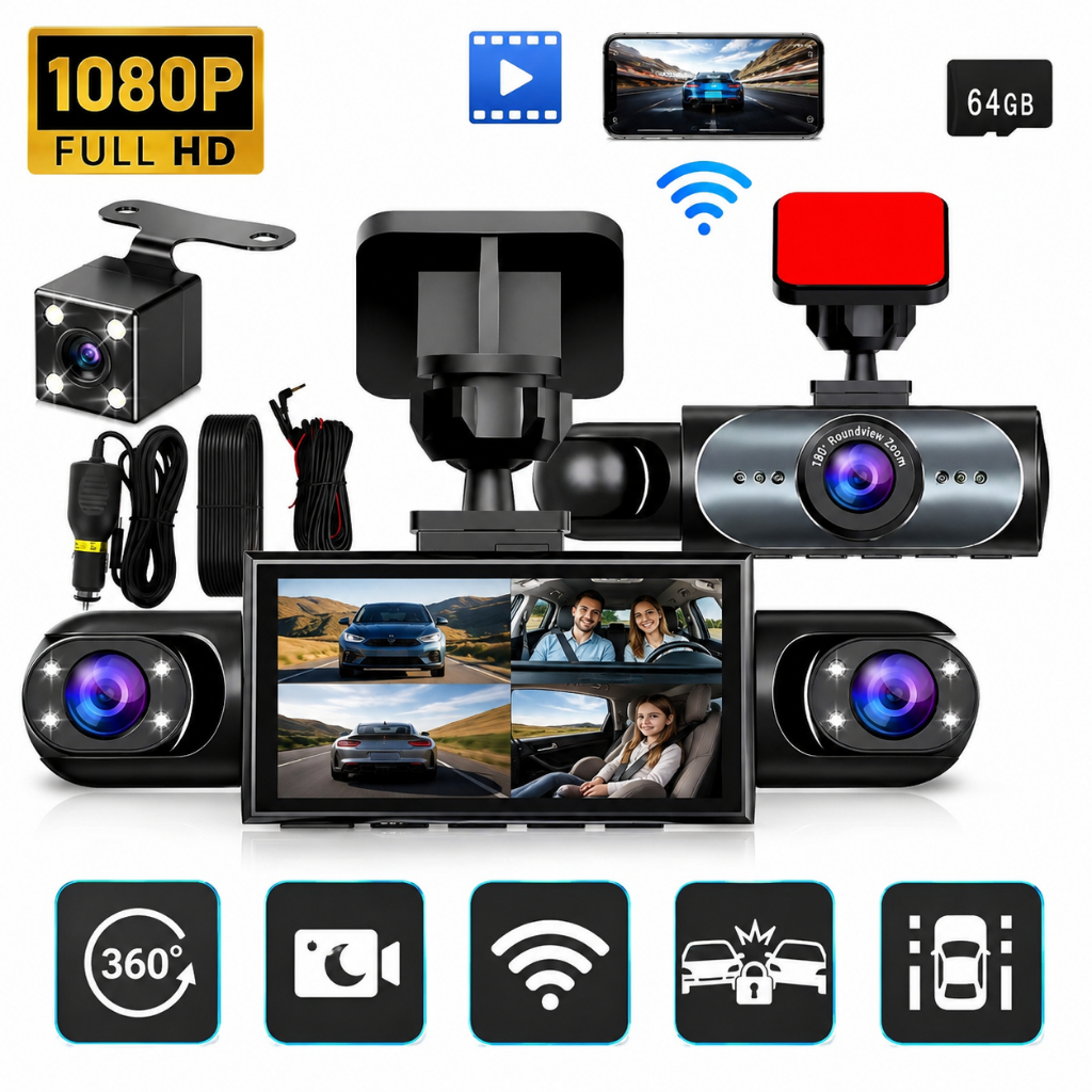 Camera Veicular WiFi 4 Câmeras 1080P Full HD 64GB Visão Noturna DVR Câmera de Ré Tela 3