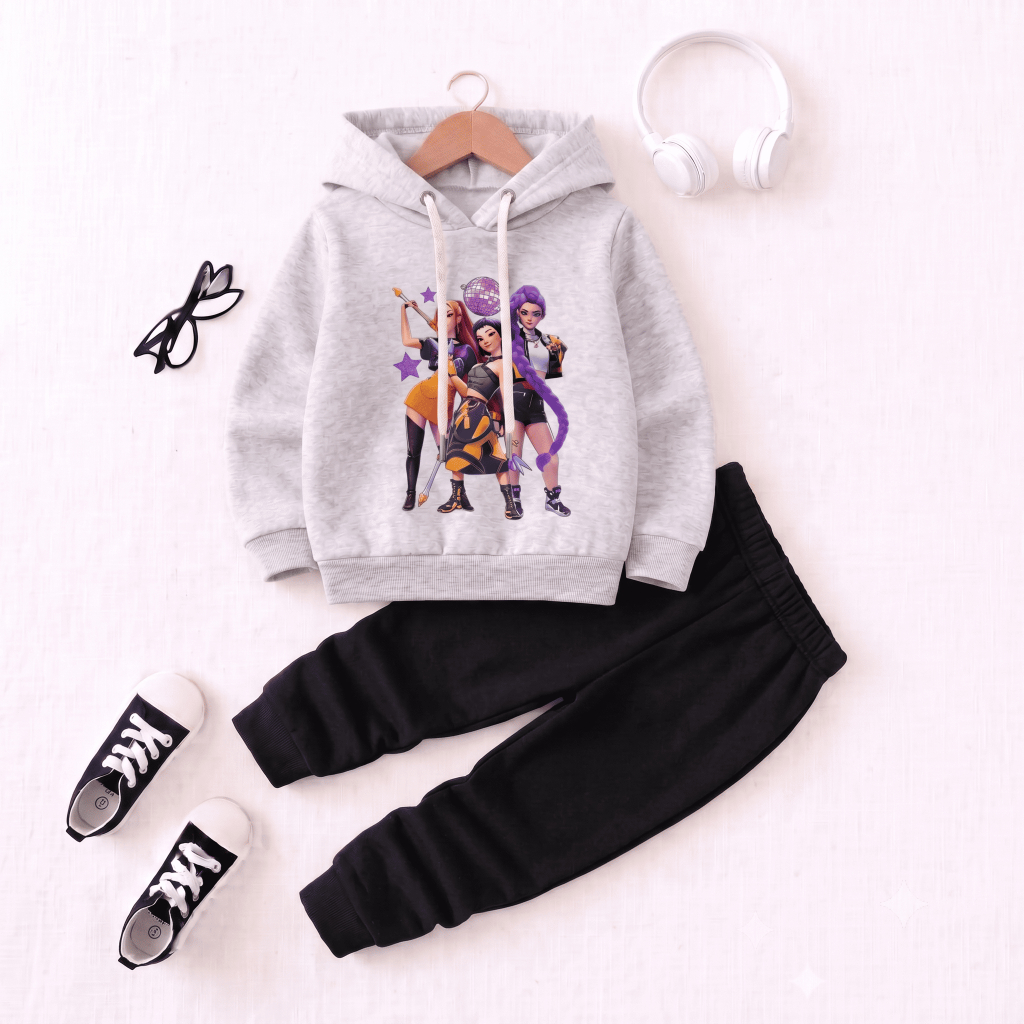 Conjunto Moletom Infantil Estampado Guerreiras Canguru Algodão Com Capuz Casual Confortável