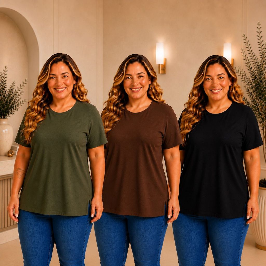 Kit 3 camiseta feminino plus size soltinho confortável elastano gola O manga curta soltinha cor lisa tamanho grande