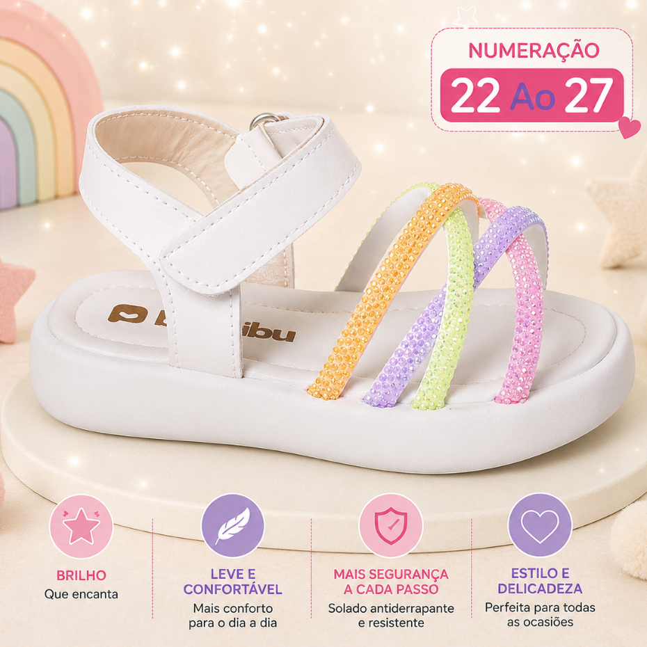 Sandália Infantil Menina Brilho Strass Colorida Off White Confortável Pedraria Menina