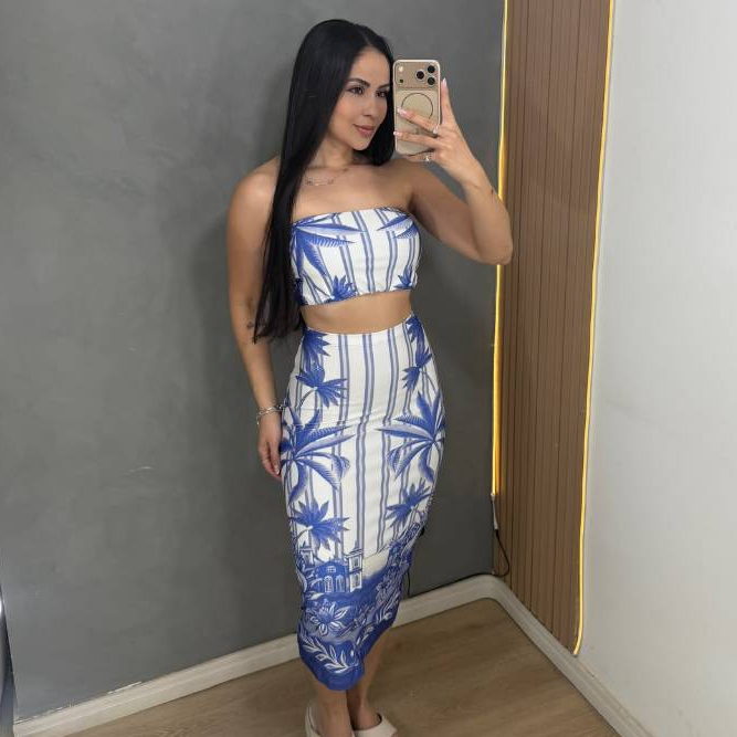Conjunto Feminino Cropped Saia Midi Estampada Cintura Alta Casual Elegante