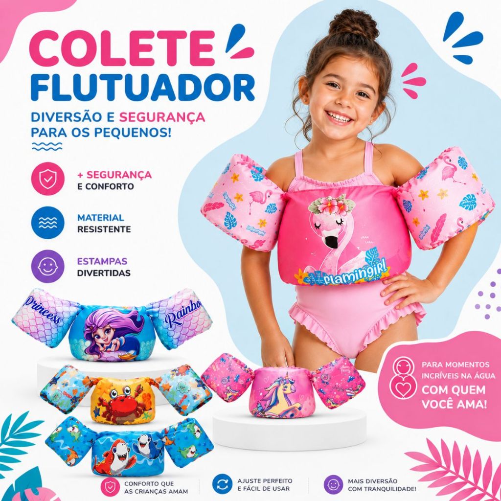 Colete Flutuador Infantil Salva Vidas Braçadeiras Criança Piscina Praia 14 a 25kg