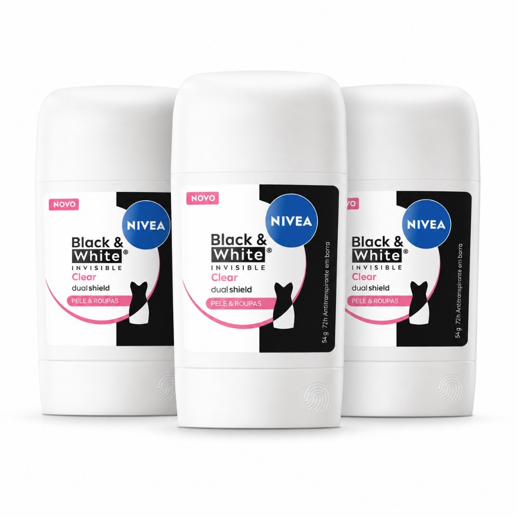 KIT NIVEA Desodorante Stick Antitranspirante Black & White Invisible Clear 54g - 3 Unidades