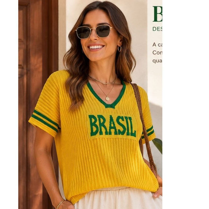 Camiseta Brasil Feminina Copa do Mundo Tricot Canelado Copa do Mundo Verão
