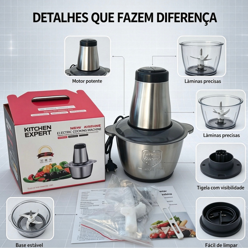 Processador de Alimentos Elétrico Inox Multifuncional 2 Velocidades, Triturador de Carne Legumes Alho Cebola para Cozinh