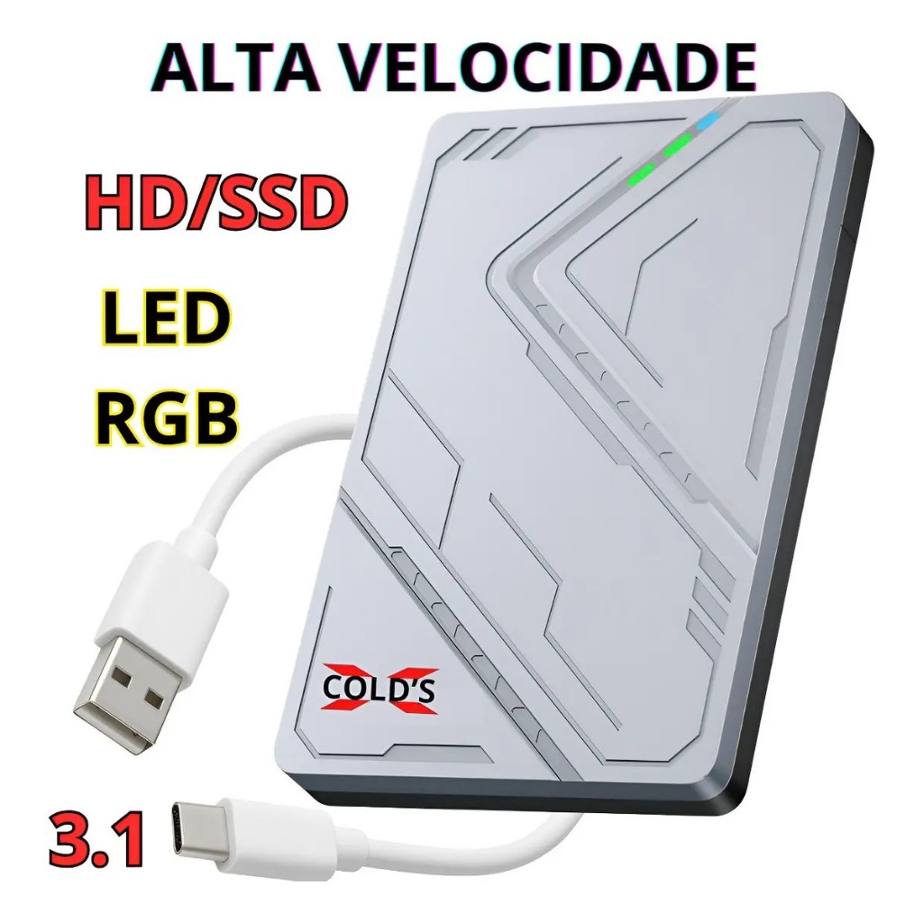 Case Externo Hd Ssd 2.5 Usb-c 3.1 Alta Velocidade Led Rgb Pc Notebook Smart Tv Ps4 Ps5 Xbox
