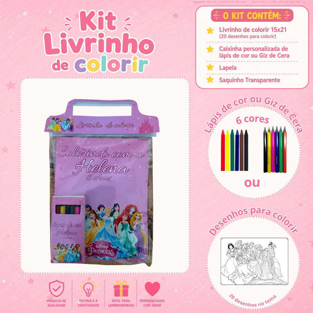 Kit Livrinho/ Revista de Colorir Personalizado Infantil + Lápis ou Giz | Princesas - Todos os temas | Lembrancinha Festa