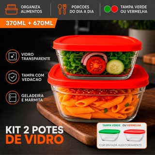 Kit 2 Potes de Vidro 370ML/670ML Com Tampa Vedação Total -  Ideal para Geladeira e Marmita